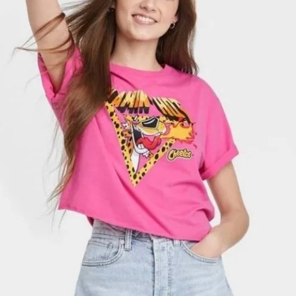 NWT Pink Flamin’ Hot Cheetos T-Shirt Crop Top Babydoll Tee New Chester Cheetah